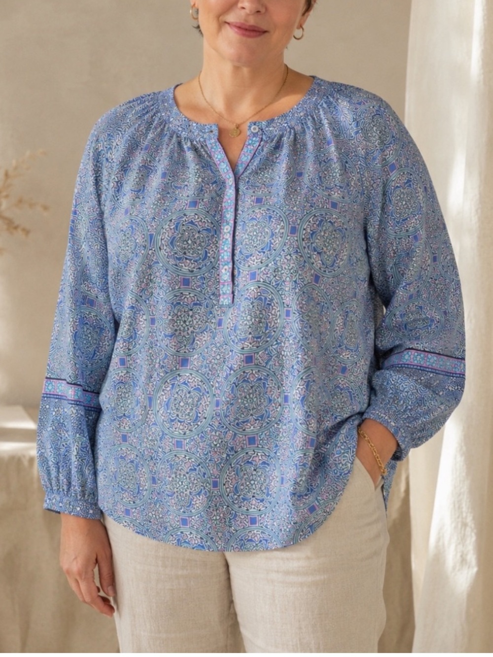 Talbots 2X Blue Geometric Cotton Popover Blouse Plus Size Long Sleeve Boho